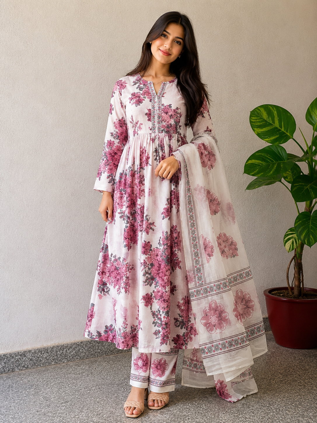 Floral white 3pcs kurta