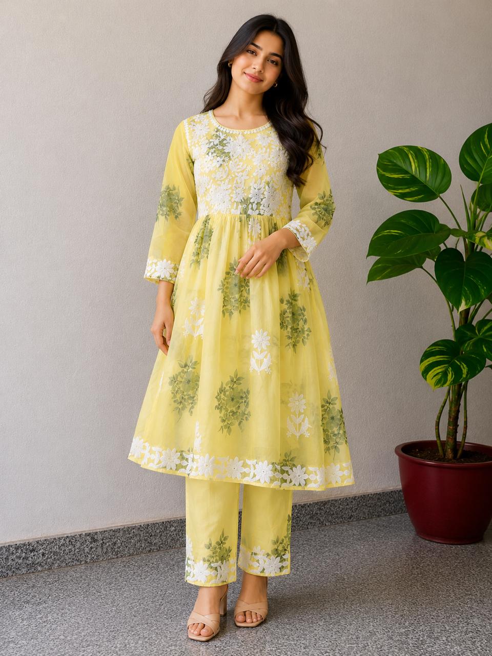 yellow colour short anarkali 2pcs kurta