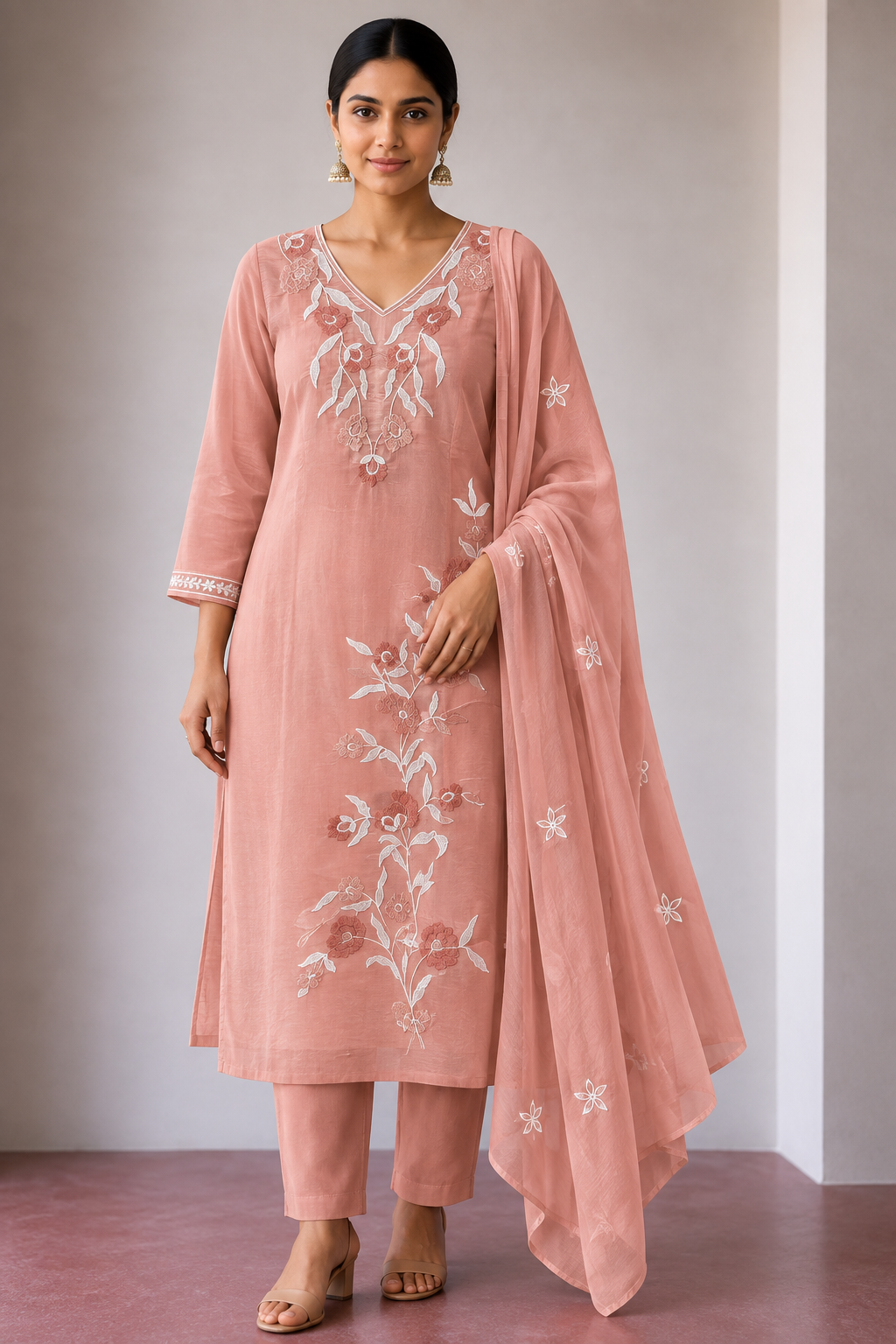 Designer embroidary pastel pink mullchanderi